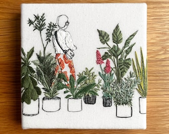 Hand Sewn Embroidery Canvas Art: 'Another garden centre' 15X 15cm