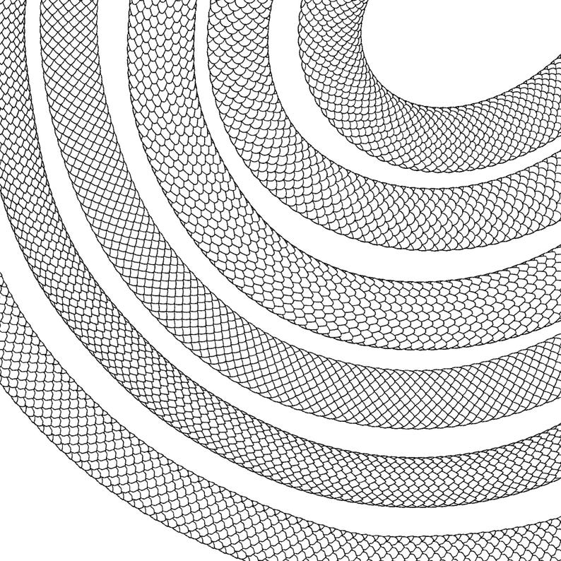 May include: A monochrome illustration featuring a snake's body in a spiral arrangement. The snake's skin is depicted with detailed scales, offering a textured appearance. The design is set against a white backdrop, highlighting the intricate pattern.