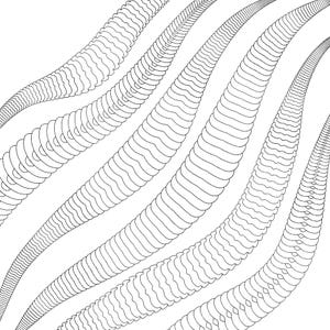 Conception graphique abstraite en noir et blanc avec des lignes ondulées composées de crochets et de parenthèses répétés.