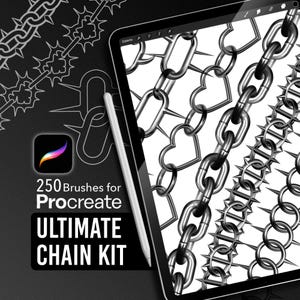 May include: A digital art product displayed on a tablet, showcasing various chain designs. The screen displays different chain styles, including heart-shaped links and spiked chains. The text reads "250 Brushes for Procreate ULTIMATE CHAIN KIT."