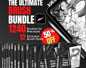 Procreate Tattoo Brushes Bundle, 1240 Sellos 12 Packs, Serpiente Dragón Calavera Rosa Máscara, Kit Tattoo Flash Stencil para iPad