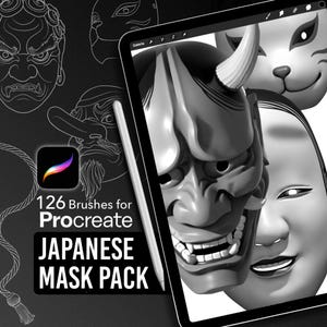 May include: A digital art pack for Procreate featuring 126 brushes. The image displays a tablet with a stylus, showcasing detailed 3D renderings of Japanese masks. The text reads "Japanese Mask Pack."