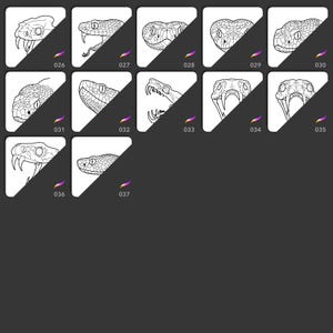 May include: A series of black and white illustrations of snake heads, each in a unique pose. The images are set against a dark grey background, with a purple brushstroke in the corner of each image. The illustrations are numbered from 026 to 037.