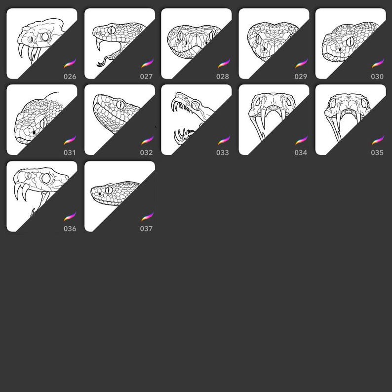 May include: A series of black and white illustrations of snake heads, each in a unique pose. The images are set against a dark grey background, with a purple brushstroke in the corner of each image. The illustrations are numbered from 026 to 037.