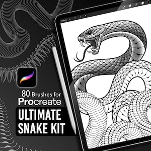 Può includere: Illustrazione digitale di un serpente sullo schermo di un tablet, con uno stilo. Il tablet mostra un disegno dettagliato di un serpente in bianco e nero. Il testo recita "80 Brushes for Procreate ULTIMATE SNAKE KIT."