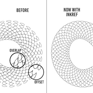 May include: A black and white graphic comparing "BEFORE" and "NOW WITH INKREF" circular patterns. The "BEFORE" pattern shows an overlap and offset, while the "NOW WITH INKREF" pattern is a complete, uniform design.