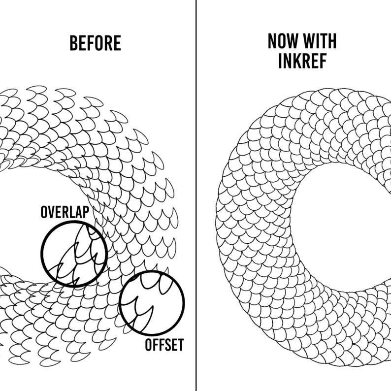 May include: A black and white graphic comparing "BEFORE" and "NOW WITH INKREF" circular patterns. The "BEFORE" pattern shows an overlap and offset, while the "NOW WITH INKREF" pattern is a complete, uniform design.