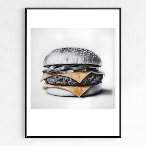 Cheeseburger Art, Kitchen Wall Art, Burger Poster, Fun Food Decor, Retro Food Art Print, Fast Food Print, Digital Download