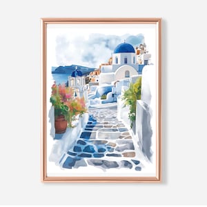 Santorini Wall Art Print, Greece Travel Poster, Mediterranean Coastal Decor, Blue and White Landscape, Digital Download