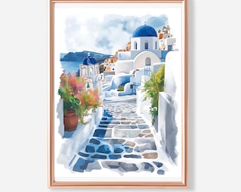 Santorini Greece Print: Blue & White Coastal Landscape (Digital Download)
