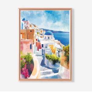 Santorini Greece Wall Art, Coastal Digital Print, Greek Island Travel Poster, Blue Dome Art, Aegean Sea View, Mediterranean Decor