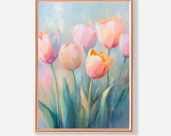 May include: A painting of pink and peach tulips with green leaves against a light blue background.