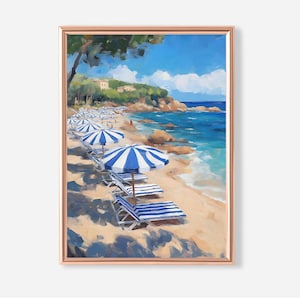 Mediterranean Beach Wall Art, Coastal Landscape Painting, Summer Sea View Digital Print, Blue Umbrella Poster