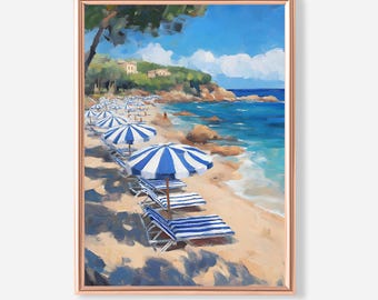 Mediterranean Beach Wall Art, Coastal Landscape Painting, Summer Sea View Digital Print, Blue Umbrella Poster