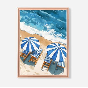 Arte mural con sombrilla de playa, impresión digital de verano costero, decoración mediterránea, póster de océano azul, descarga digital