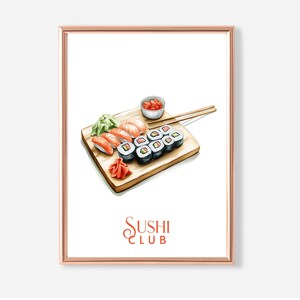 Sushi Wall Art Print, Japanese Food Poster, Modern Kitchen Decor, Nigiri and Maki Illustration, Food Painting Digital Download