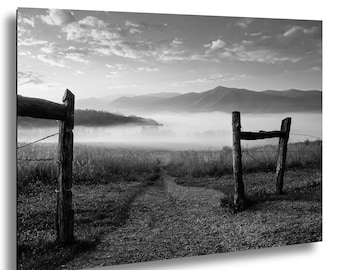 Foggy Sunrise at Cades Cove Photography Print – Smokey Mountains Black and White Wall Art
