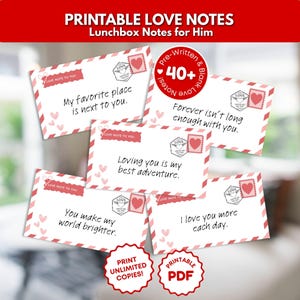 Könnte beinhalten: Druckbare Liebesnotizen für ihn, mit weißen Karten mit roten Akzenten und Herzillustrationen. Jede Karte hat eine romantische Botschaft, wie z. B. "Mein Lieblingsort ist neben dir." Enthält ein "Druckbares PDF"-Abzeichen.