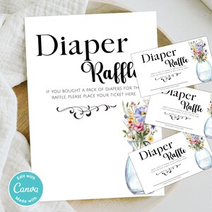 Plantilla editable de boleto y cartel para rifa de pañales con flores silvestres / Tarjeta de juego imprimible para baby shower / Baby shower con temática floral / Descarga instantánea
