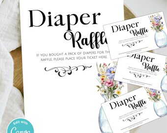 Puede incluir: Un conjunto de rifa de pañales para baby shower. El letrero principal y los boletos más pequeños presentan las palabras "Diaper Raffle" en escritura negra. También se incluyen ilustraciones de jarrones florales y texto.