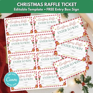 Puede incluir: Un conjunto de boletos de rifa navideña con un diseño festivo. Cada boleto presenta el texto "Christmas Raffle ENTER TO WIN!" junto con espacios para nombre, dirección, teléfono y correo electrónico. Los boletos están decorados con bastones de caramelo, campanas y copos de nieve.
