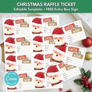 May include: Christmas raffle tickets with a Santa Claus design. Each ticket features a cartoon Santa, the text "ENTER TO WIN!", and fields for name, address, phone, and email. The image also includes the text "CHRISTMAS RAFFLE TICKET" and "Editable Template".