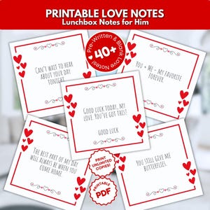 May include: A collection of printable love notes for lunchboxes, featuring red heart accents and romantic phrases like "You + Me - My Favorite Forever." The notes are designed with a red border and include the text "Print Unlimited Copies!" and "Printable PDF."