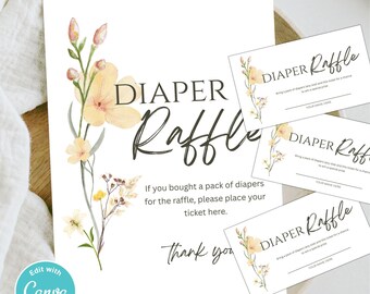 Puede incluir: Un letrero y boletos blancos de rifa para baby shower con detalles florales. El letrero dice "DIAPER Raffle" en una fuente de escritura, con texto debajo. Los boletos también dicen "DIAPER Raffle" y tienen espacio para un nombre.