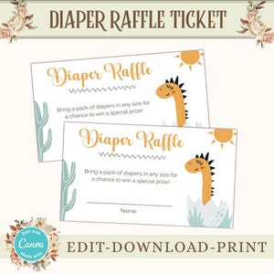 Bewerkbaar ticket voor dinosaurusluierloterij | Babyshower luier babyshower loterijkaart | Babyshower met dinosaurus boho-thema | Direct downloaden