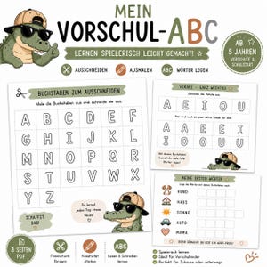 Op de afbeelding: Een educatieve PDF van drie pagina's getiteld MEIN VORSCHUL-ABC met een cartoonkrokodil met een zonnebril en pet. De pagina's bevatten letters om uit te knippen en in te kleuren, klinkeroefeningen en een sectie voor woordvorming met iconen.