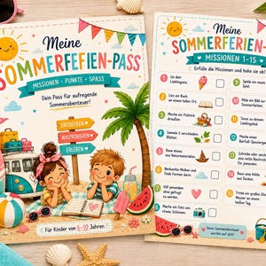 May include: Two printed sheets titled Meine Sommerferien-Pass featuring colorful illustrations of children, a van, palm trees, and beach items. The sheets include a list of 15 numbered missions with checkboxes, decorative bunting, and summer-themed icons.