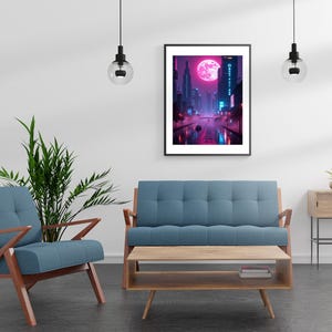 Cyberpunk Cityscape Wall Art | Neon Night Digital Print | Vaporwave Aesthetic Poster | Futurystyczny wystrój Sci-Fi | Natychmiastowe pobranie