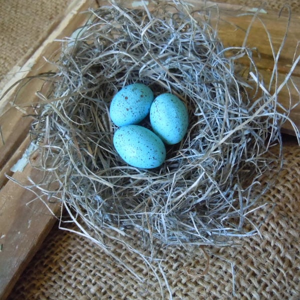 Shabby Chic Handmade Bird Nest with Turquoise Robin's Eggs