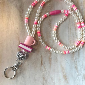 Pearl Beaded Teacher Lanyard, Coffee Cup & Book Lanyard, Trendy Lanyard, Pink Lanyard, Lightweight Key +  ID Badge Holder, Teacher Gift