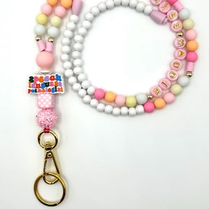 SLP Colorful Lanyard, Personalized Beaded Lanyard, SLP Gift, Back-to-School Gift, Badge Holder, Badge ID, Pink Lanyard, Speech Therapist