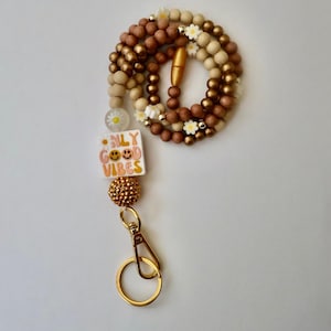 Smiley Face Teacher Lanyard, Breakaway Lanyard, Good Vibes, Neutral Wood Bead Lanyard, Teacher Gift, Badge ID, Gold Lanyard, Daisy Lanyard