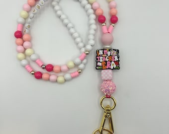 In my Teacher Era Beaded Lanyard | Personalized Pink Lanyard | Breakaway Badge ID Holder | Back to School Lanyard