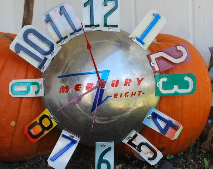 Vintage Mercury Eight Hubcap Clock, Hubcap License Plate Clock