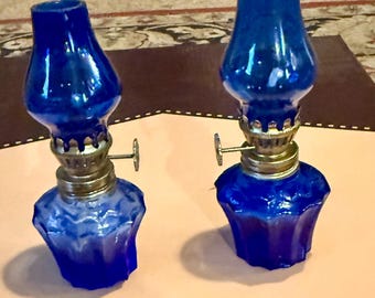 Vintage Cobalt Blue Glass Mini Oil Lamp Hurricane Made in Hong Kong 4.5” set 2