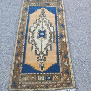 Vintage 2x4 Rug, Turkish Rug, Small Rug, Neutral Entryway Rug, Kitchen Rug, Handmade Wool Rug, Blue Design Rug, Home Decor Rug, 1.9x3.5 Ft