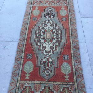 Small Oushak Rug: 1.9x3.7 ft. Gray & Red Wool Turkish Rug