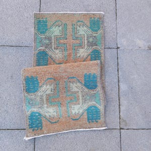 Vintage Rug 1.3x3.6 ft Entryway Kitchen Rug, Handmade Wool Rug, Bathroom Rug, Oushak Rug, Turkish 2x4 Rug, Home Decor Rug, Neutral Gifts Rug