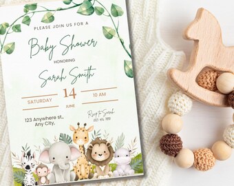 May include: A baby shower invitation with a jungle theme. The invitation features a green leafy background with a variety of jungle animals, including a giraffe, lion, elephant, zebra, and monkey. The text on the invitation reads "Please join us for a Baby Shower honoring Sarah Smith. Saturday, June 14, 10 AM. 123 Anywhere st, Any City. Ropt & Sarah".