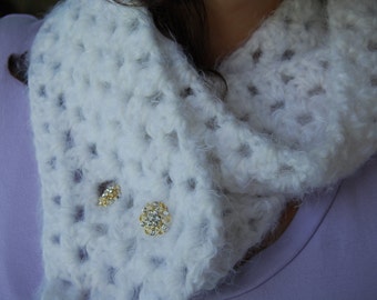 Crochet White Elegant Scarf-White Scarf With Buttons-White Cowl-Womens Crochet Scarf
