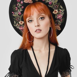 Whimsigoth Wide Brim Witch Hat - Black Boho Wool Hat with Embroidery– Fairycore Cottagecore Moth Hat – Crescent Moon Boho Hat for Women
