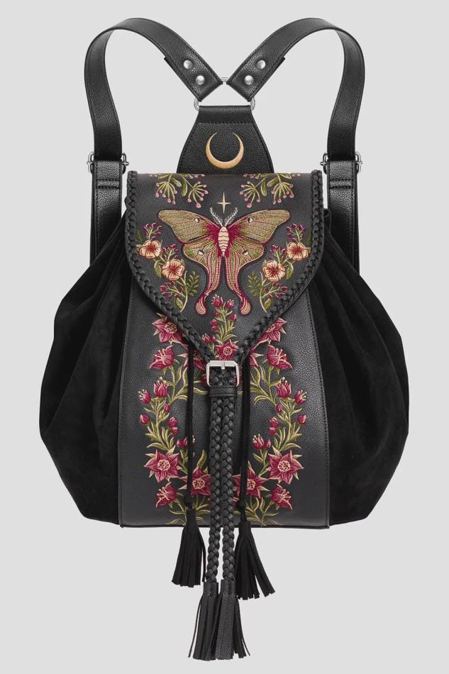 WILDERWOOD Gothic Backpack – Black Embroidered Moth & Floral Bag – Witchy Cottagecore Rucksack with Moon Charm – Vegan Leather