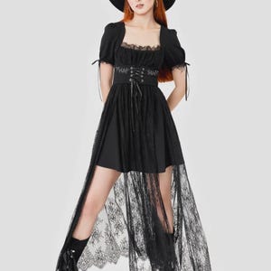 Wild Incantations Gothic Maxi Dress – Black Lace Witch Dress, Corset Waist Fairycore Gown, Dark Cottagecore Witchy Outfit