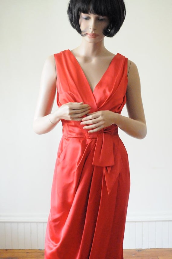 1950's RED Satin Gown Red Dress Hollywood in Lips… - image 1
