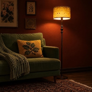 May include: A floor lamp with a patterned lampshade illuminates a living room scene. A green sofa holds a leaf-design pillow and a fringed blanket. Artwork hangs on the deep red wall. The room is decorated with a rug.