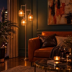 May include: A tall floor lamp with a slender gold-toned metal stand and three vertical, ribbed amber glass shades. The lamp emits a warm, glowing light, illuminating the surrounding space with a soft, golden hue.